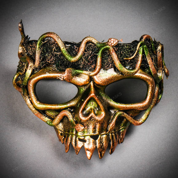 Grim Reaper Skull Woodland Medusa Snake Masquerade Mask - Gold - Picture 2 of 10